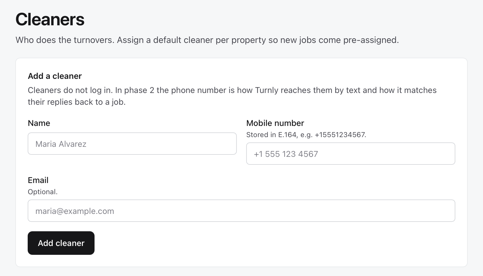 Host-ops app Settings / Cleaners screen: Add a cleaner form with name, email, phone, and payout fields